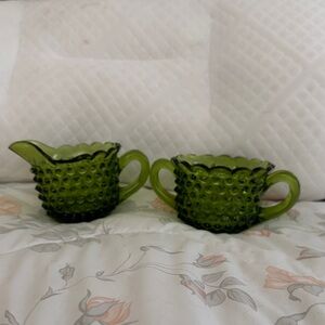 Green Glass Creamer and Sugar Set